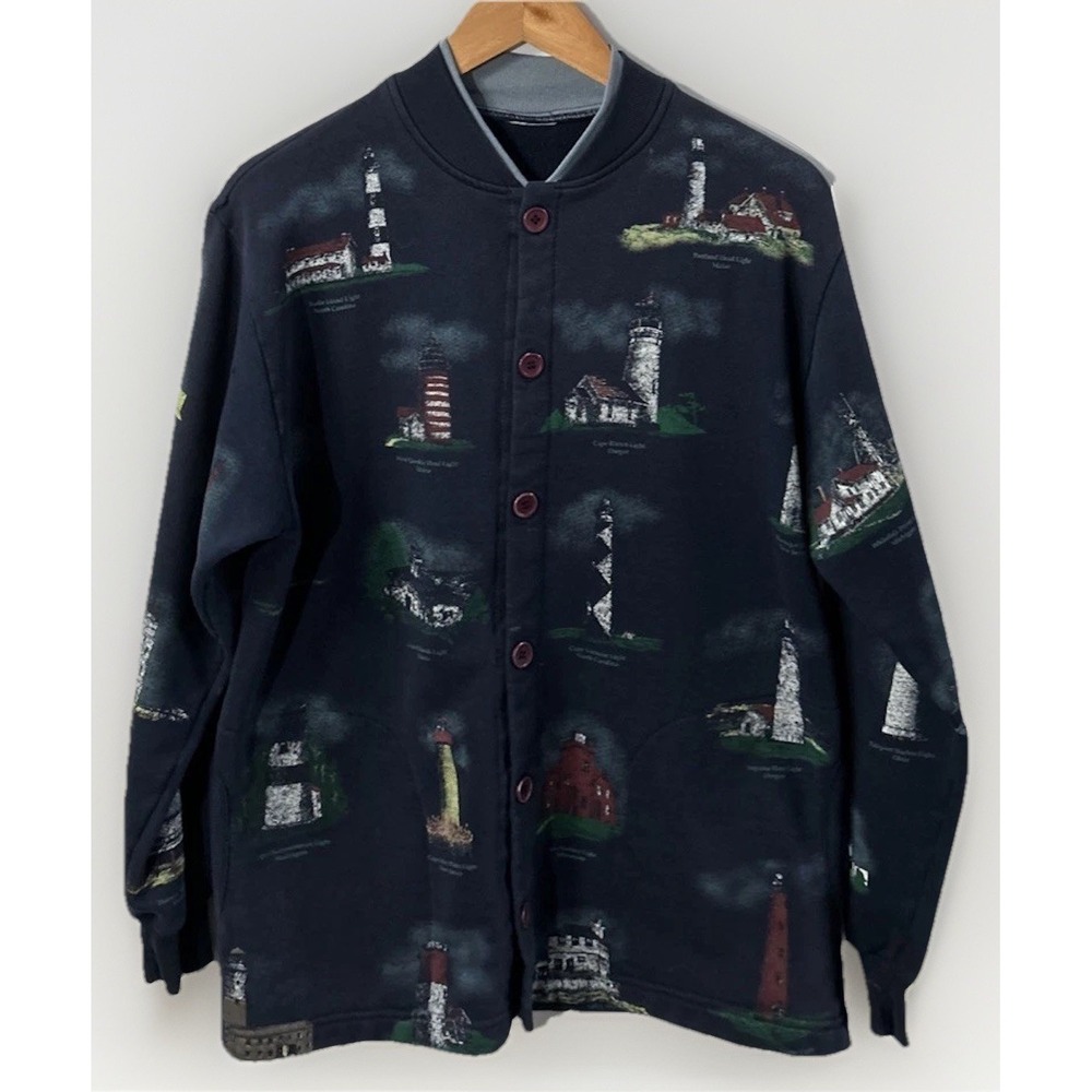 VTG‎ Art Unlimited Lighthouse Cardigan Lights Of The United States XL Sweatshirt